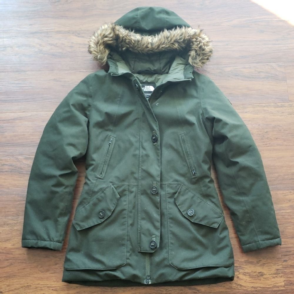 Northface Women's Green Parka Chic Feminine Winter Puffer Faux Fur Trim Size S